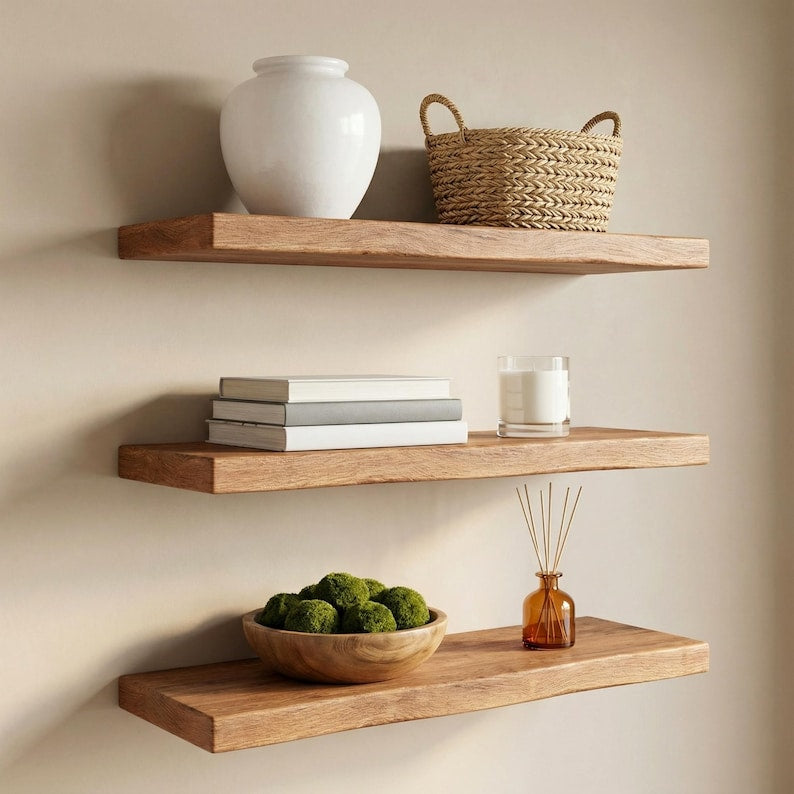 Set of 3 Heavy Duty Floating Shelves, Wood Wall Shelf, Minimalist Floating Nightstand, Custom Size Wooden Bookshelf, Entryway Wall Decor