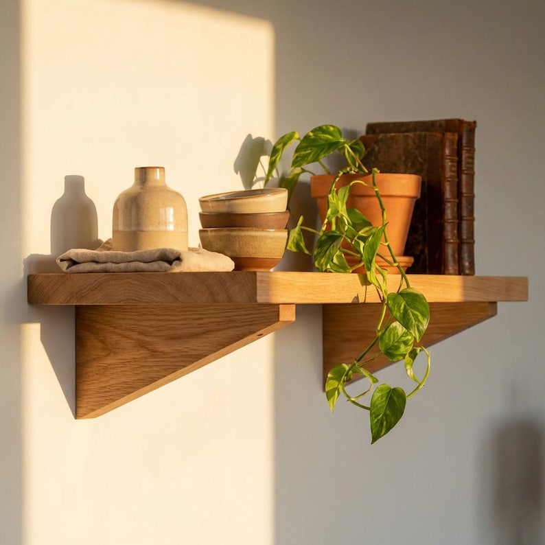 Teak Wood Wooden Floating Shelf with Bottom Support  Wooden Shelf Bracket: Minimalist Wall Support