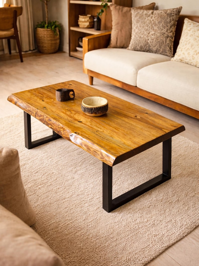 Live Edge Coffee Table, Solid Wood Handmade Rustic Modern Farmhouse Center Table for Living Room