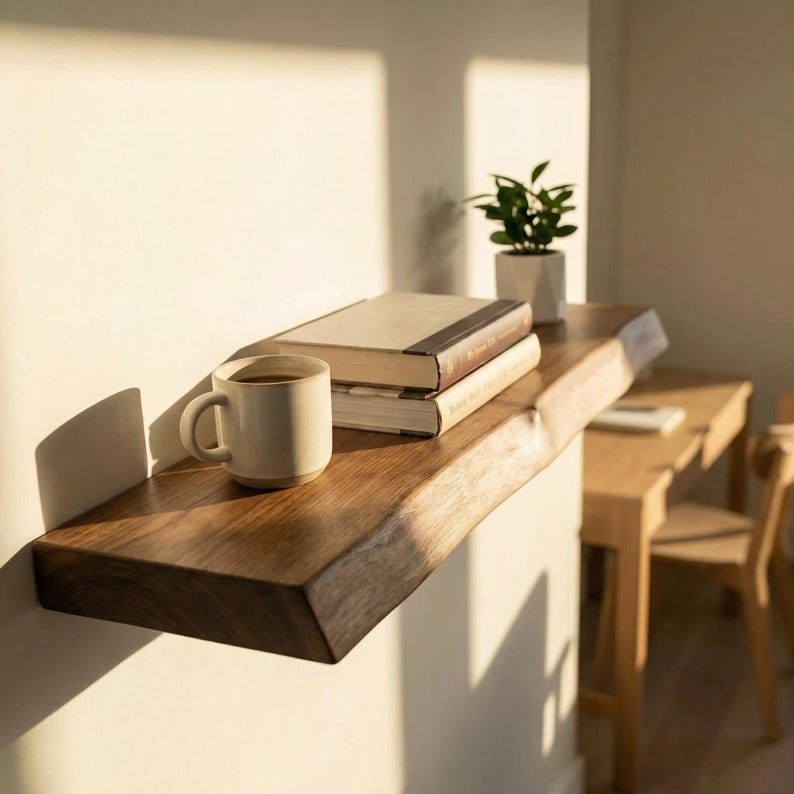Solid Wood Premium Light Brown Floating Live Edge Shelf -  Rustic Wall Shelf - 2.5 Feet