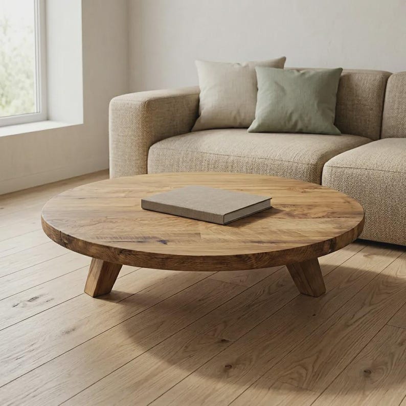 Round Teak Coffee Table - Natural Solid Wood Centerpiece - Rustic Japandi Living Room Table