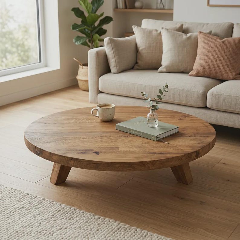Round Teak Coffee Table - Natural Solid Wood Centerpiece - Rustic Japandi Living Room Table
