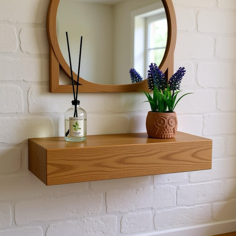 Solid Wood Hidden Storage Shelf: Floating Wooden Console with Drawer for Secret Storage