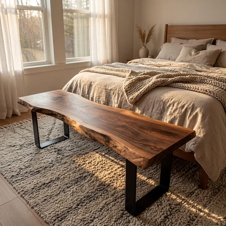 Live Edge Solid Wood Luxury Bench, Solid Wood Japandi Seating, Rustic Entryway Furniture - 5 Feet Length