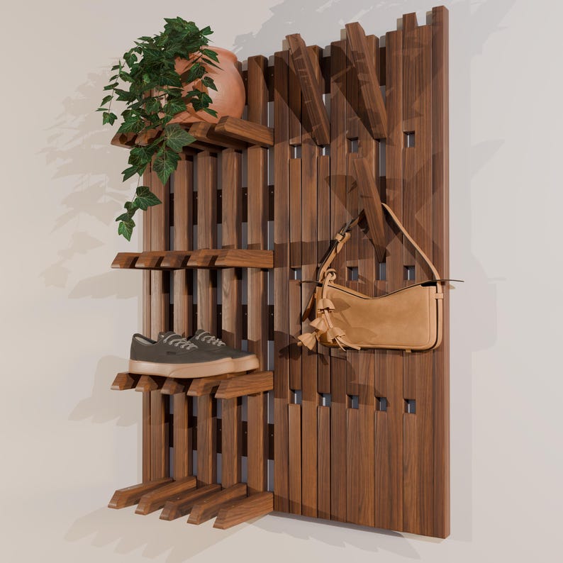 Luxury Wooden Coat rack, Modern Entryway Organizer | Solid Wood Wall Rack with Hooks | Shoe Storage | Handmade Coat Rack | Japandi Storage