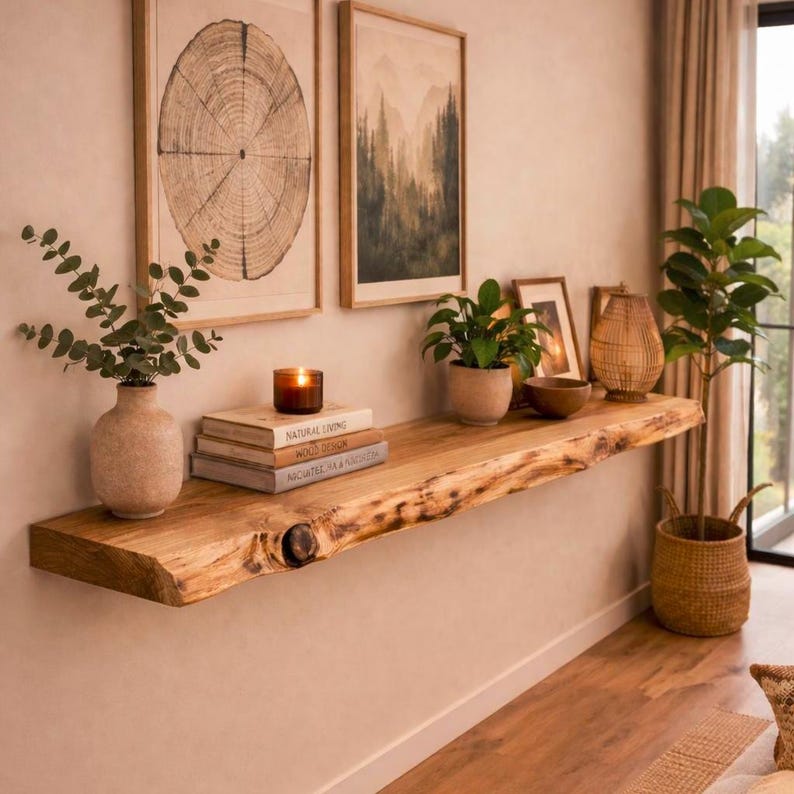 Premium handmade Floating Live Edge Shelf - Acacia Wood, Rustic Wall Shelf - 4 Feet length