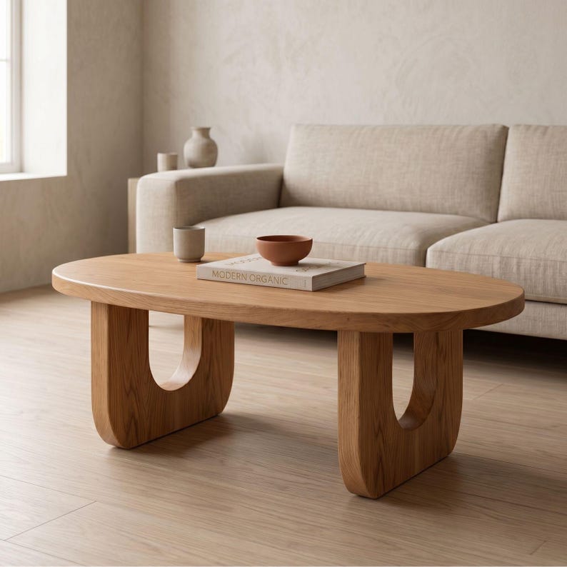 Premium Handmade Luxury Coffee Table - Modern Oval Wooden Table - Japandi Minimal Living Room Table - Solid Wood Sculptural Center Table – Custom Size