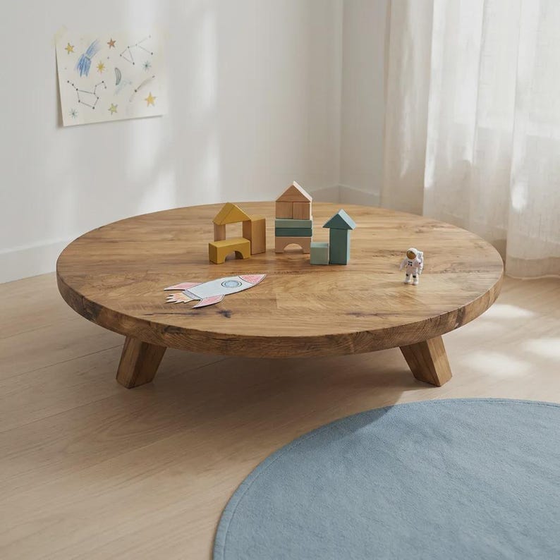 Round Teak Coffee Table - Natural Solid Wood Centerpiece - Rustic Japandi Living Room Table