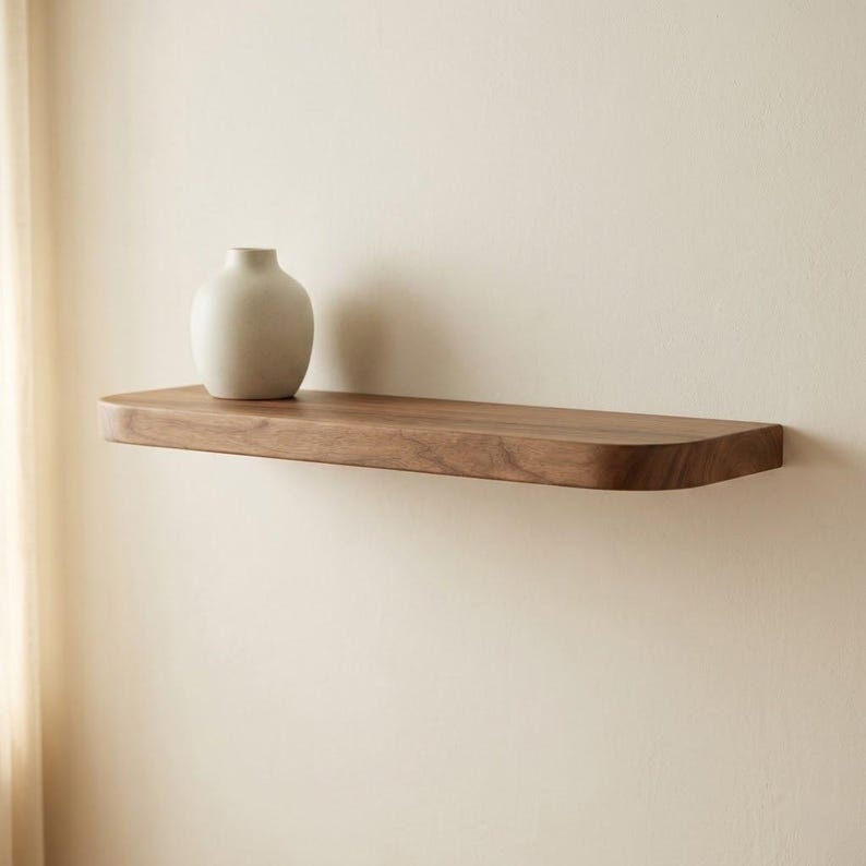 Premium Solid Wood Floating Shelf, Scandinavian Modern Wall Shelf, Minimal Rounded Wood Shelf - 2.5 Feet