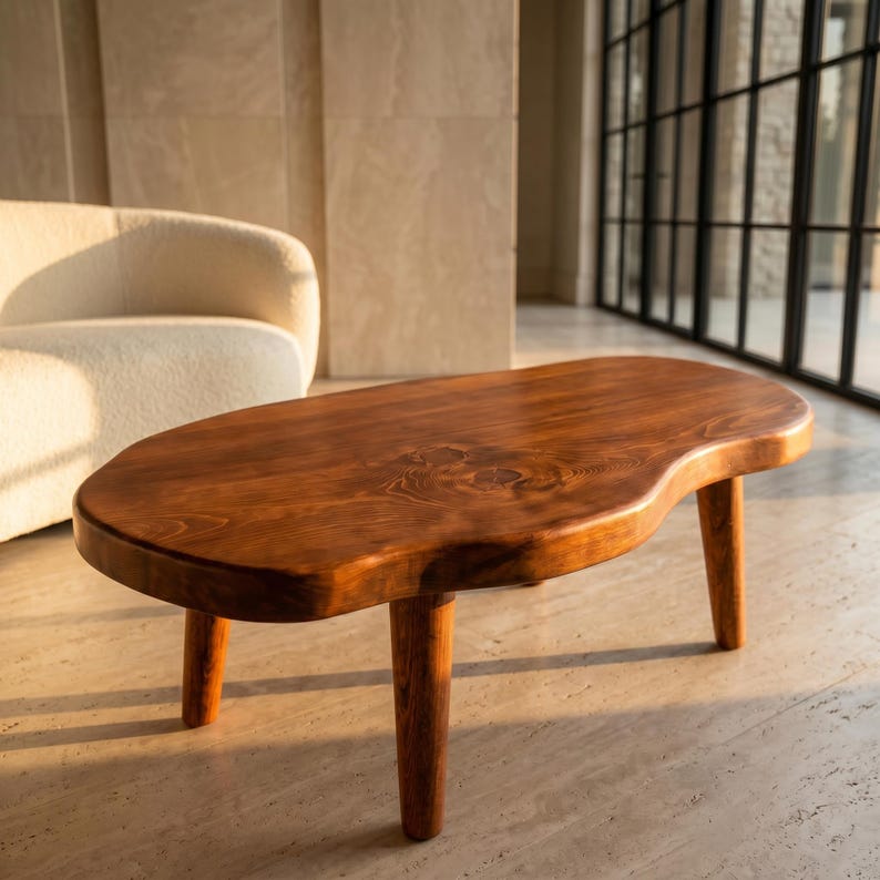 Organic Shape Solid Wood Coffee Table, Handmade Modern Coffee Table for Living Room
