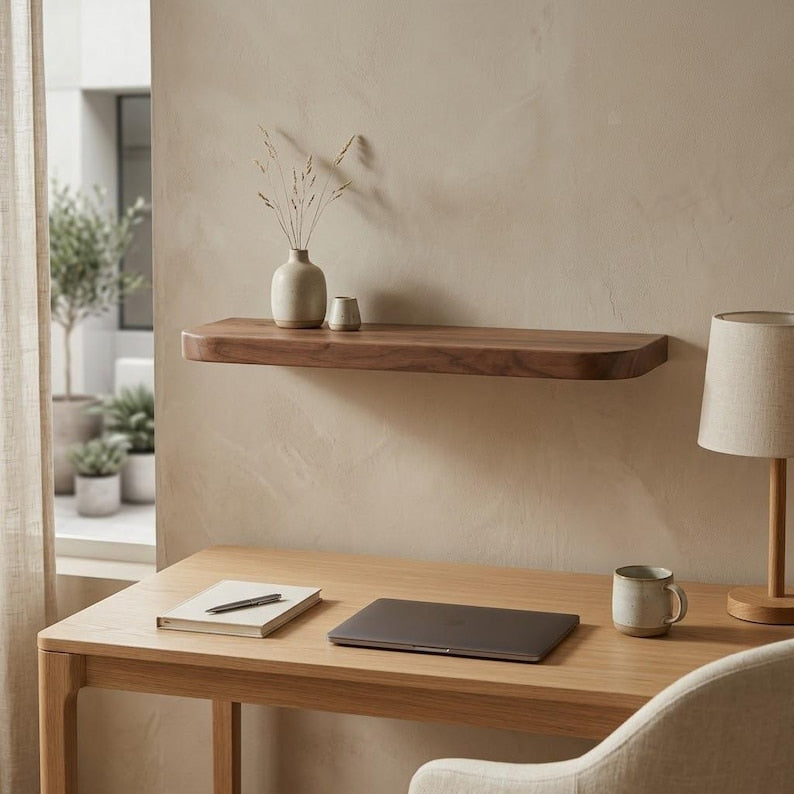 Premium Solid Wood Floating Shelf, Scandinavian Modern Wall Shelf, Minimal Rounded Wood Shelf - 2.5 Feet