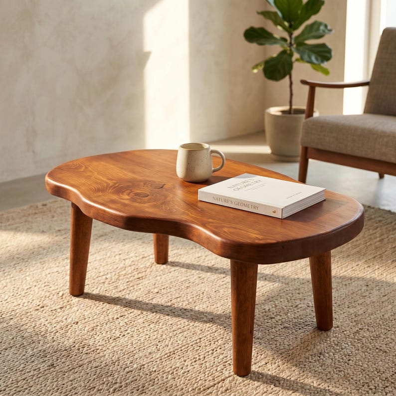 Organic Shape Solid Wood Coffee Table, Handmade Modern Coffee Table for Living Room