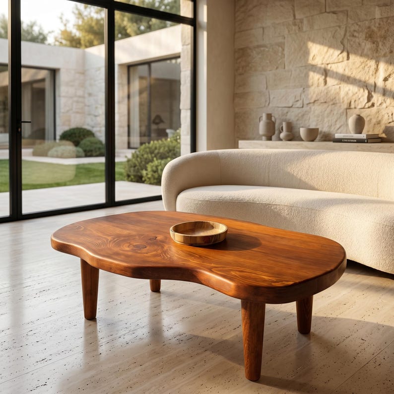 Organic Shape Solid Wood Coffee Table, Handmade Modern Coffee Table for Living Room
