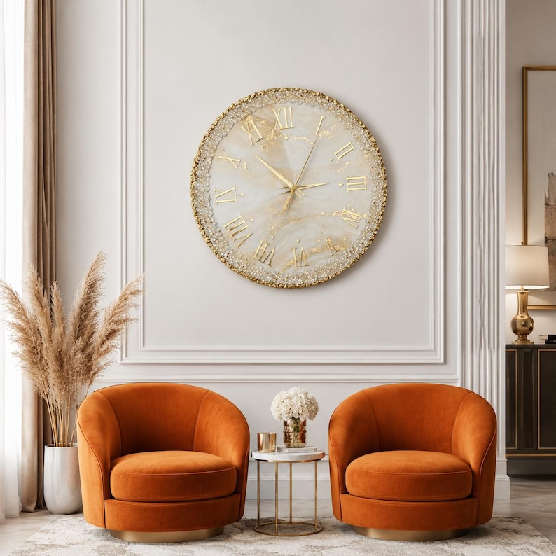 Large White Resin Wall Clock, Luxury Geode Clock, Gold Roman Numeral Clock, Handmade Marble Wall Decor, Silent Quartz Clock, Gift for Mom