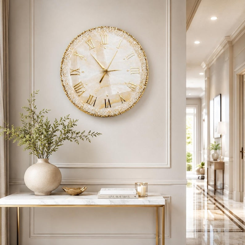 Large White Resin Wall Clock, Luxury Geode Clock, Gold Roman Numeral Clock, Handmade Marble Wall Decor, Silent Quartz Clock, Gift for Mom