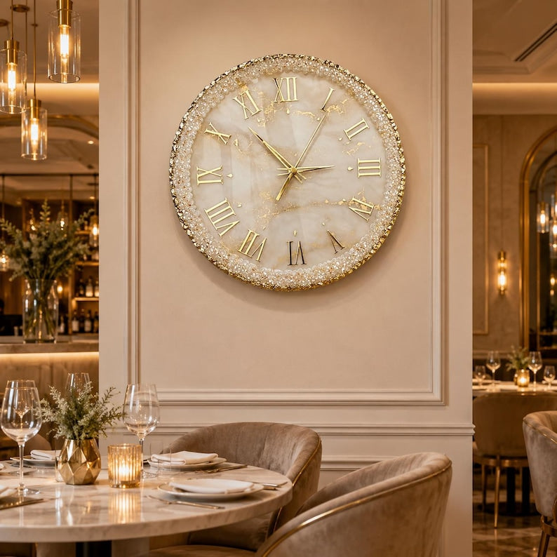 Large White Resin Wall Clock, Luxury Geode Clock, Gold Roman Numeral Clock, Handmade Marble Wall Decor, Silent Quartz Clock, Gift for Mom