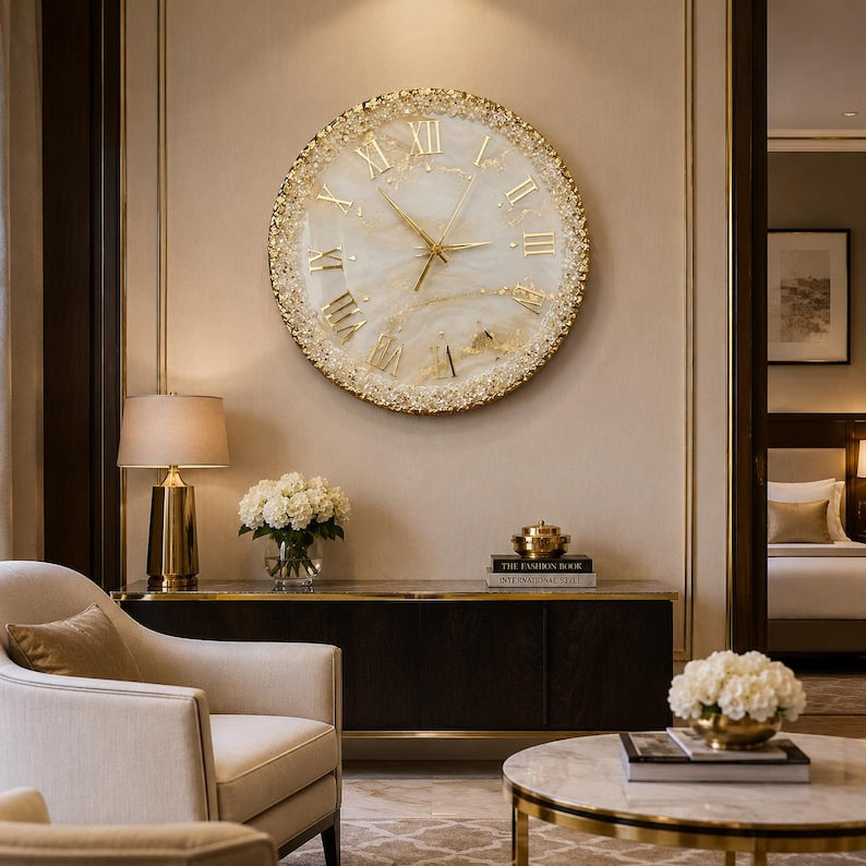 Large White Resin Wall Clock, Luxury Geode Clock, Gold Roman Numeral Clock, Handmade Marble Wall Decor, Silent Quartz Clock, Gift for Mom