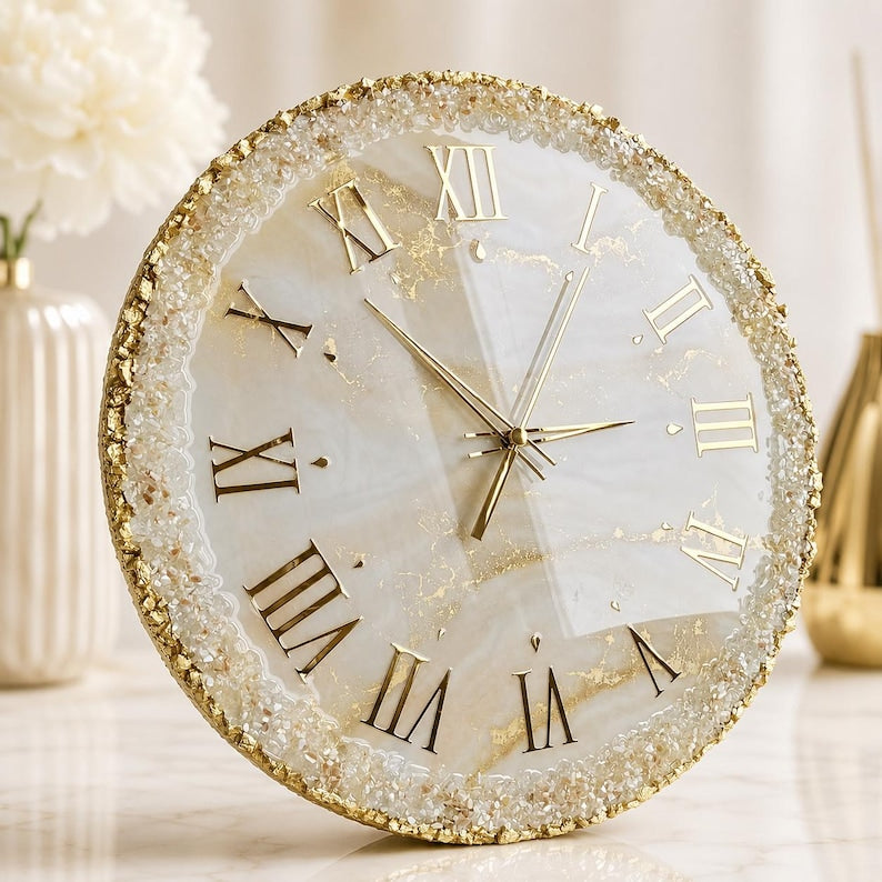 Large White Resin Wall Clock, Luxury Geode Clock, Gold Roman Numeral Clock, Handmade Marble Wall Decor, Silent Quartz Clock, Gift for Mom