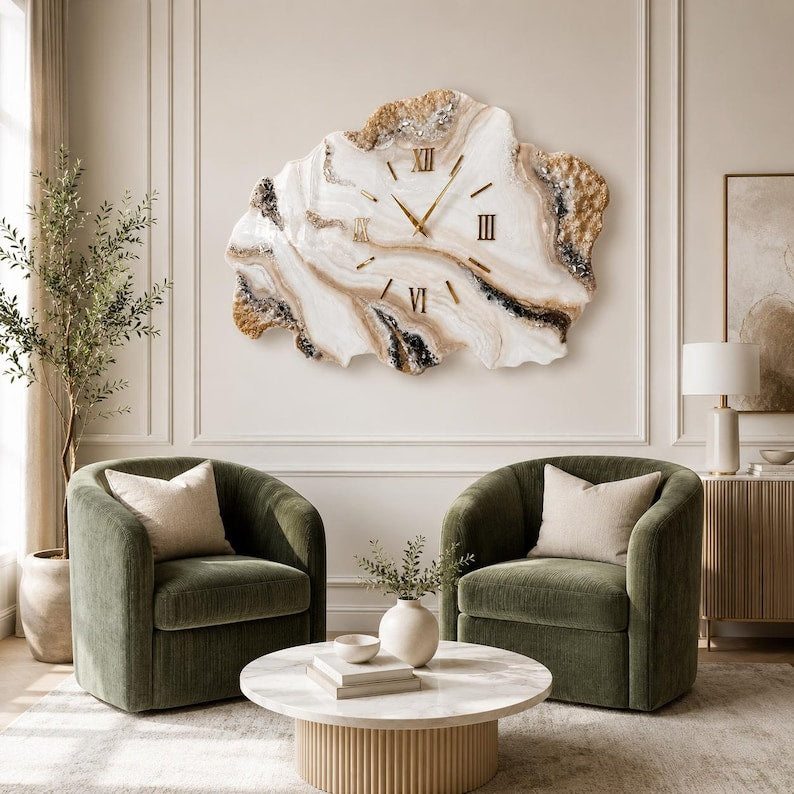 Large Geode Resin Wall Clock, Luxury Marble Wall Decor, Handmade Gold Wall Clock, Oversized Statement Clock, Housewarming Gift