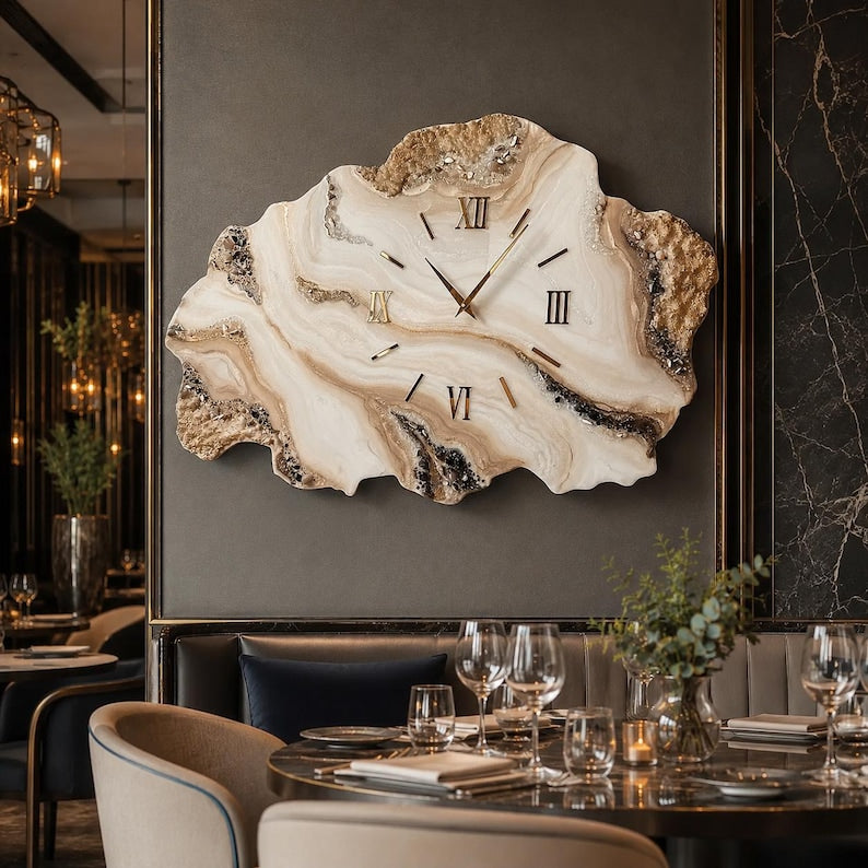 Large Geode Resin Wall Clock, Luxury Marble Wall Decor, Handmade Gold Wall Clock, Oversized Statement Clock, Housewarming Gift