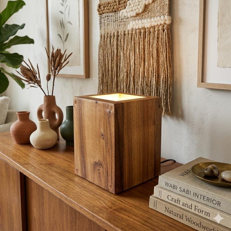 Royal Handcrafted Acacia Wood Table Lamp | Modern Rustic Wooden Bedside Lamp | Solid Wood Ambient Light | Minimalist Home Decor | Japandi Style
