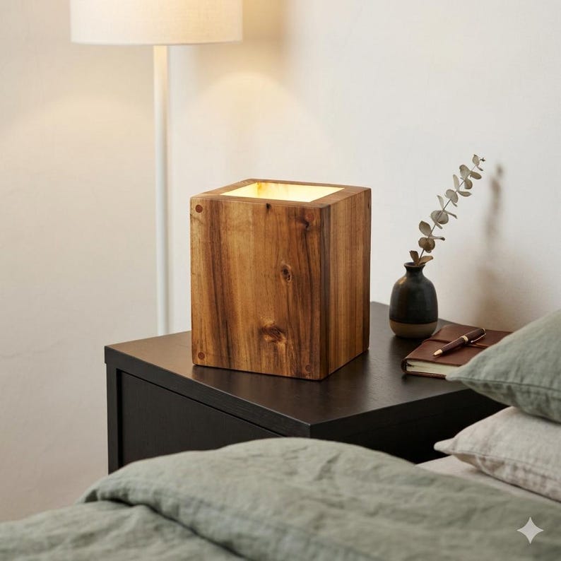 Royal Handcrafted Acacia Wood Table Lamp | Modern Rustic Wooden Bedside Lamp | Solid Wood Ambient Light | Minimalist Home Decor | Japandi Style