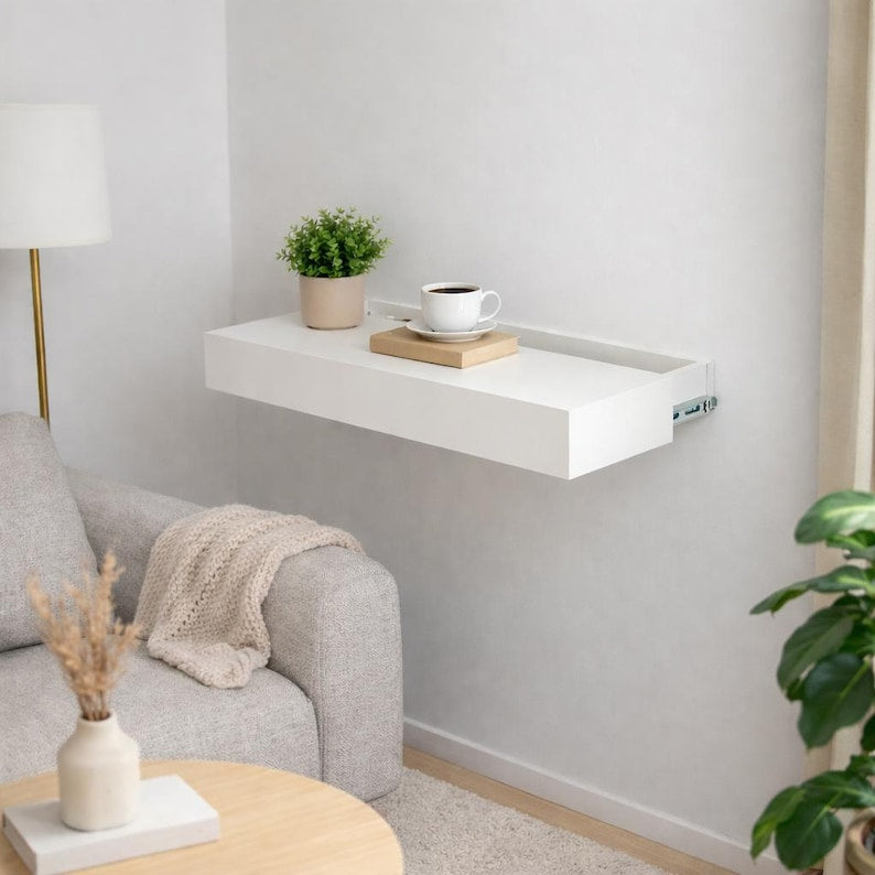 Wooden Floating Shelf Hidden Drawer , Secret Storage Wall Shelf, Minimalist Bedroom Entryway