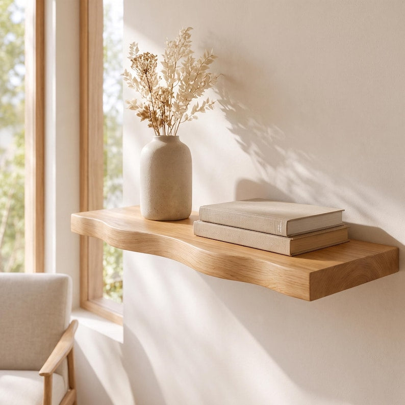 Luxury Wavy Edge Floating Shelf, Handmade Wood Wall Decor - 3 Feet