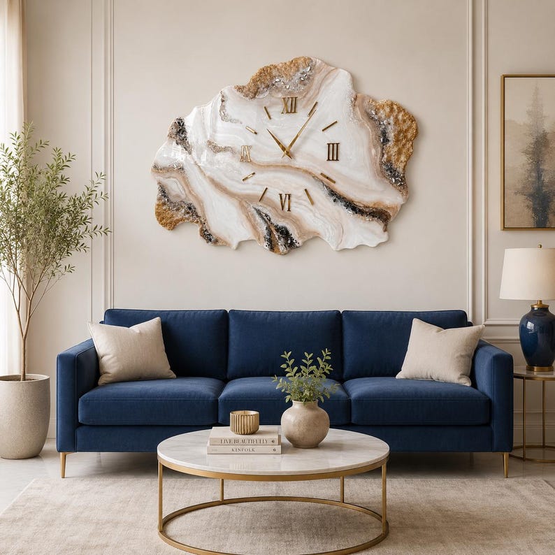 Large Geode Resin Wall Clock, Luxury Marble Wall Decor, Handmade Gold Wall Clock, Oversized Statement Clock, Housewarming Gift