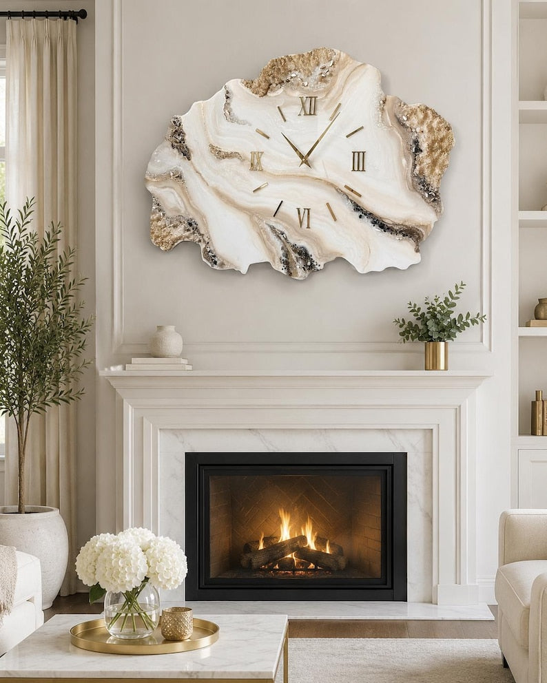 Large Geode Resin Wall Clock, Luxury Marble Wall Decor, Handmade Gold Wall Clock, Oversized Statement Clock, Housewarming Gift
