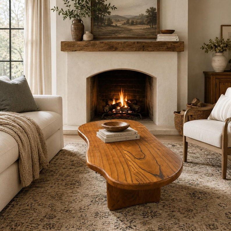 Handcrafted Luxury Farmhouse Centerpiece-Organic Shape Solid Wood Coffee Table - Custom Boho Live Edge Centerpiece
