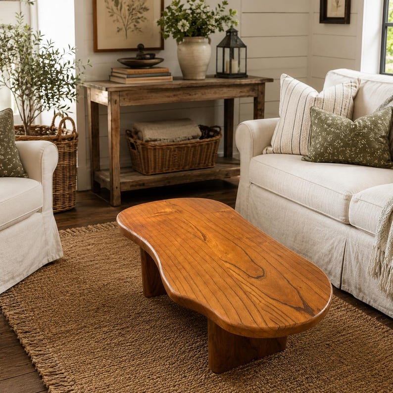 Handcrafted Luxury Farmhouse Centerpiece-Organic Shape Solid Wood Coffee Table - Custom Boho Live Edge Centerpiece