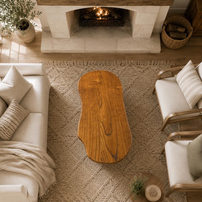 Handcrafted Luxury Farmhouse Centerpiece-Organic Shape Solid Wood Coffee Table - Custom Boho Live Edge Centerpiece