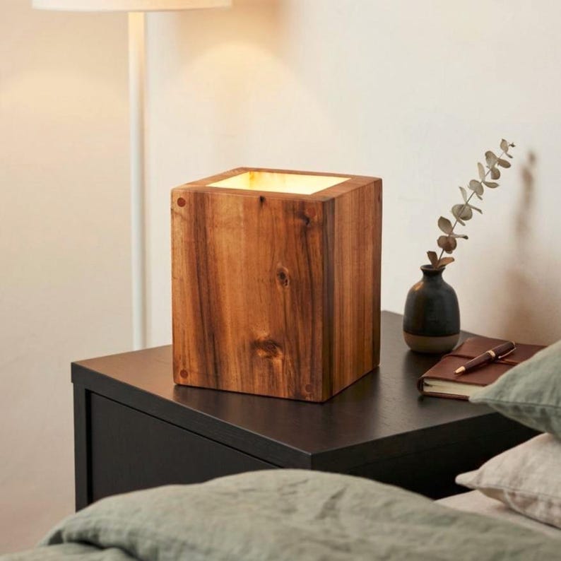 Royal Handcrafted Acacia Wood Table Lamp | Modern Rustic Wooden Bedside Lamp | Solid Wood Ambient Light | Minimalist Home Decor | Japandi Style