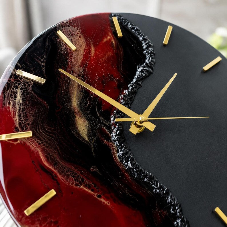 Large Red Black Resin Wall Clock, Luxury Epoxy Clock, Gold Clock Hands, Handmade Modern Wall Decor, Silent Quartz Clock, Gift for Men