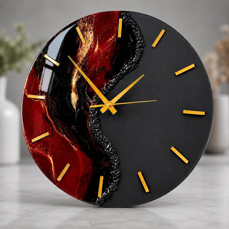 Large Red Black Resin Wall Clock, Luxury Epoxy Clock, Gold Clock Hands, Handmade Modern Wall Decor, Silent Quartz Clock, Gift for Men