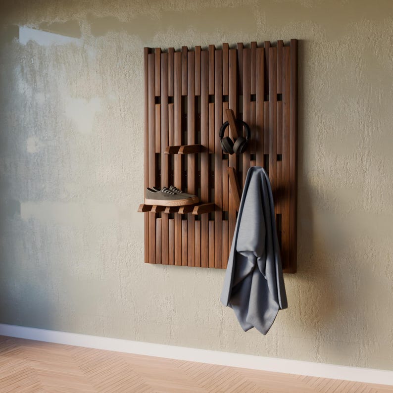 Luxury Wooden Coat rack, Modern Entryway Organizer | Solid Wood Wall Rack with Hooks | Shoe Storage | Handmade Coat Rack | Japandi Storage