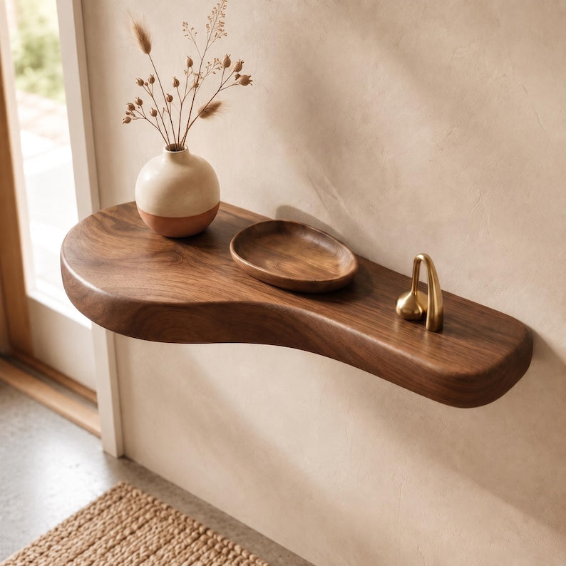 Luxury Wall Mounted Floating Shelf , Organic Floating Shelf, Asymmetric Wood Wall Decor, Entryway Accent