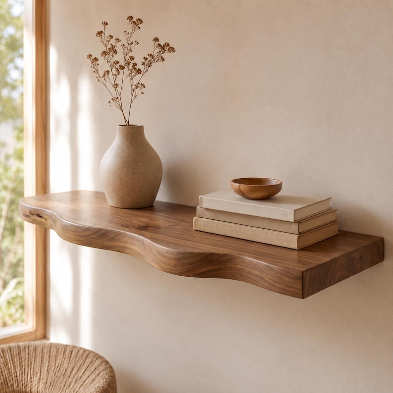 Luxury Wavy Edge Floating Shelf, Handmade Wood Wall Decor - 3 Feet