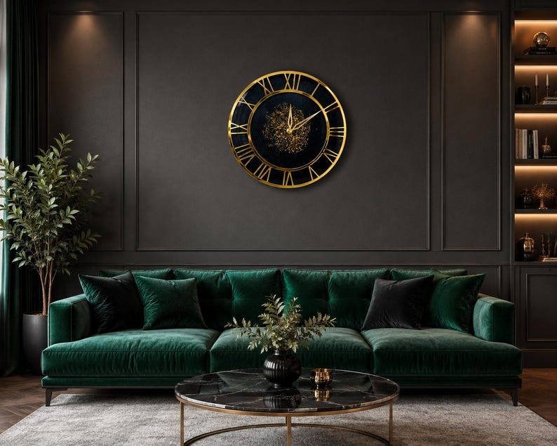 Luxury Black Resin Wall Clock, Handmade Epoxy Clock, Gold Roman Numerals, Silent Quartz Mechanism, Modern Home Decor, Housewarming Gift