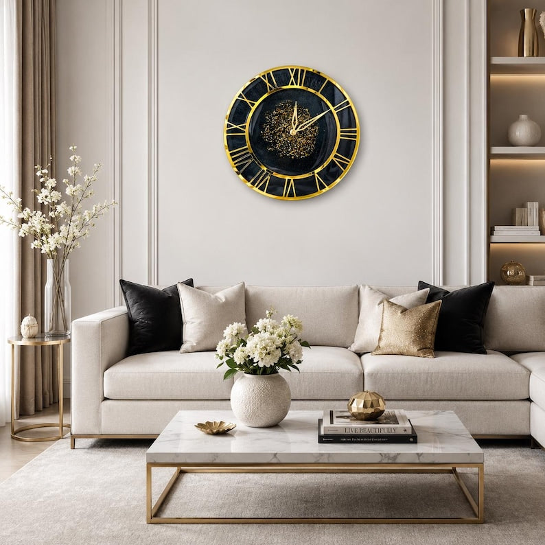 Luxury Black Resin Wall Clock, Handmade Epoxy Clock, Gold Roman Numerals, Silent Quartz Mechanism, Modern Home Decor, Housewarming Gift