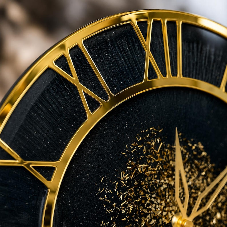 Luxury Black Resin Wall Clock, Handmade Epoxy Clock, Gold Roman Numerals, Silent Quartz Mechanism, Modern Home Decor, Housewarming Gift