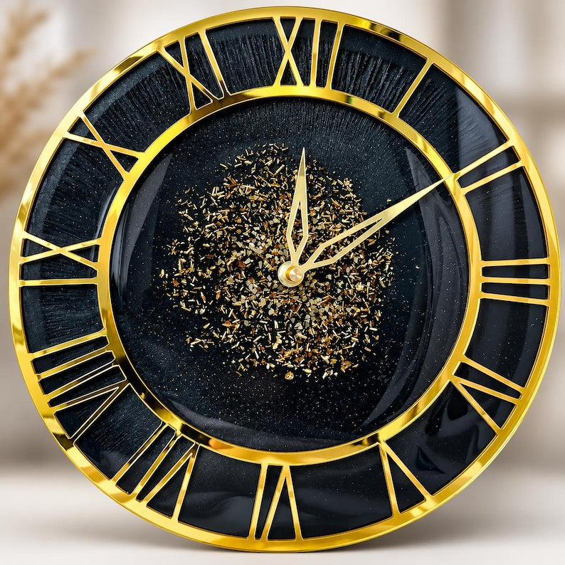 Luxury Black Resin Wall Clock, Handmade Epoxy Clock, Gold Roman Numerals, Silent Quartz Mechanism, Modern Home Decor, Housewarming Gift