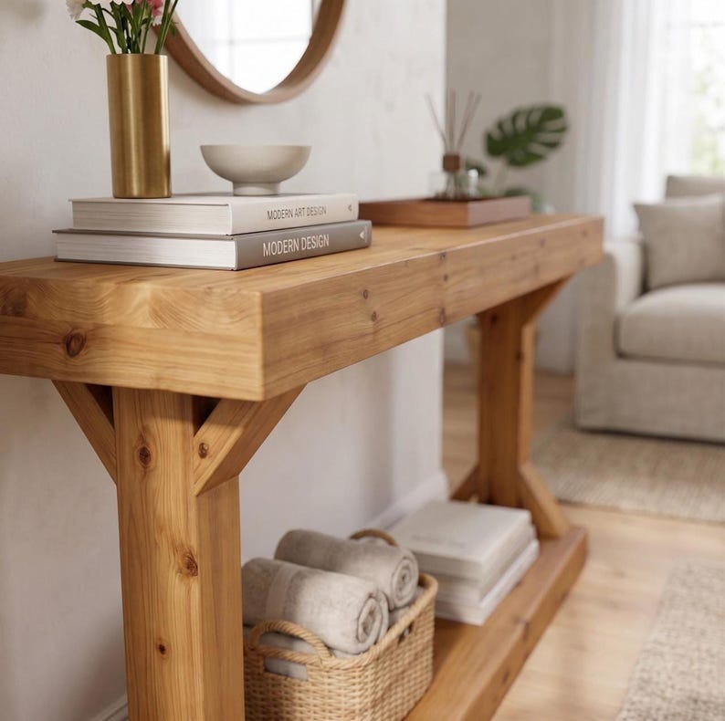 Luxury Farmhouse Console Table, Solid Pine Wood with Rustic Design