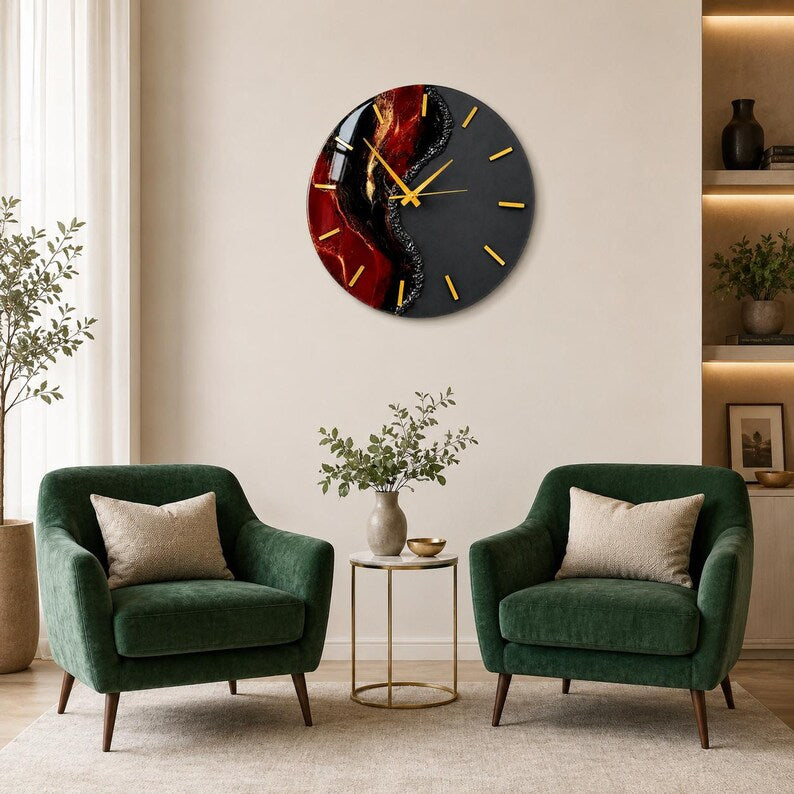 Large Red Black Resin Wall Clock, Luxury Epoxy Clock, Gold Clock Hands, Handmade Modern Wall Decor, Silent Quartz Clock, Gift for Men
