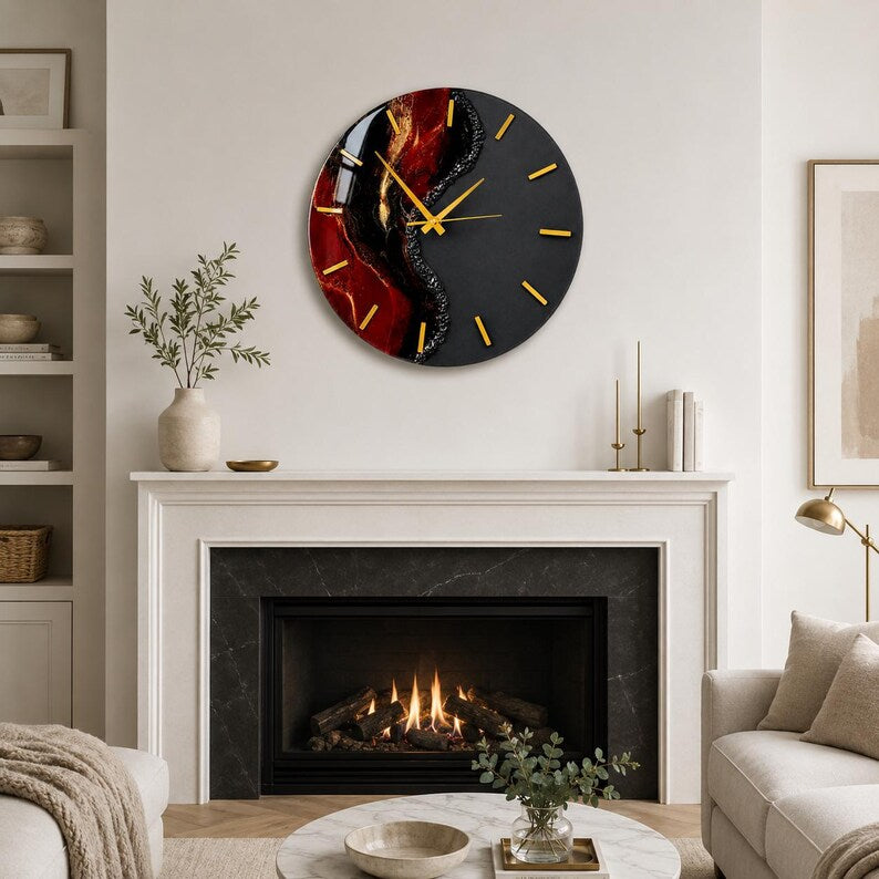 Large Red Black Resin Wall Clock, Luxury Epoxy Clock, Gold Clock Hands, Handmade Modern Wall Decor, Silent Quartz Clock, Gift for Men