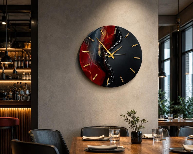 Large Red Black Resin Wall Clock, Luxury Epoxy Clock, Gold Clock Hands, Handmade Modern Wall Decor, Silent Quartz Clock, Gift for Men