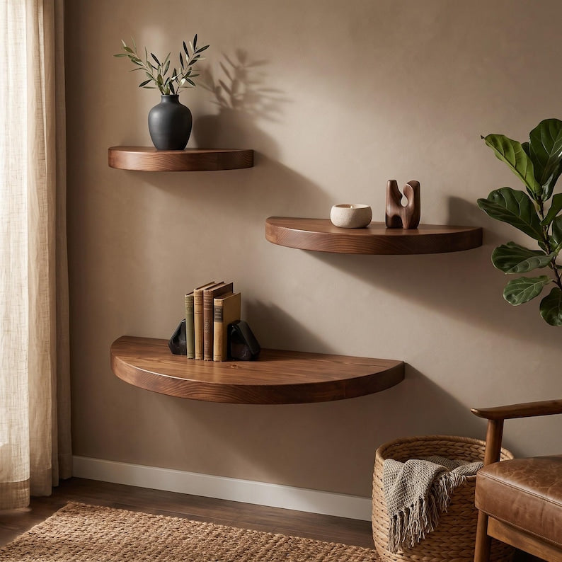 Luxury Floating Shelfs, Half Circle Floating Shelf Set, Wooden Wall Decor, Set of 3
