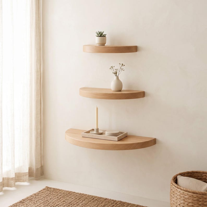 Luxury Floating Shelfs, Half Circle Floating Shelf Set, Wooden Wall Decor, Set of 3
