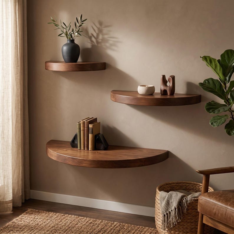 Luxury Floating Shelfs, Half Circle Floating Shelf Set, Wooden Wall Decor, Set of 3